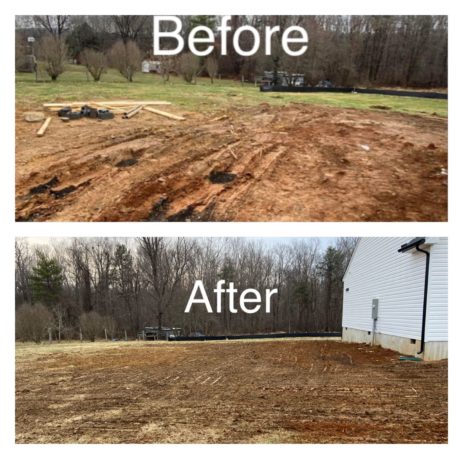 Before-and-after of a cleared lot. The before shows a disturbed, brown dirt lot. The after shows a flatter, level lot next to a white house.