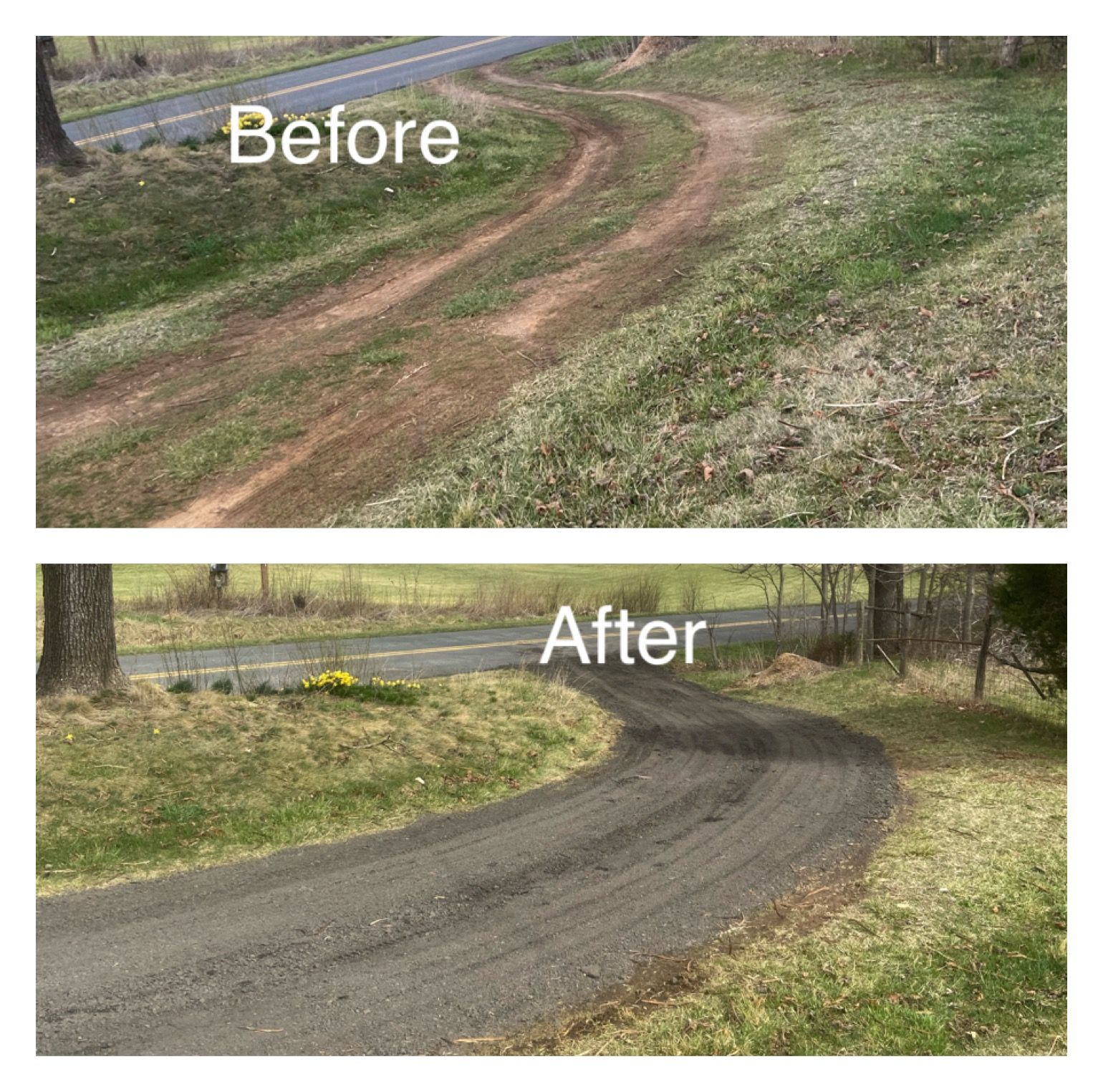 Comparison of a dirt driveway before and after gravel resurfacing.
