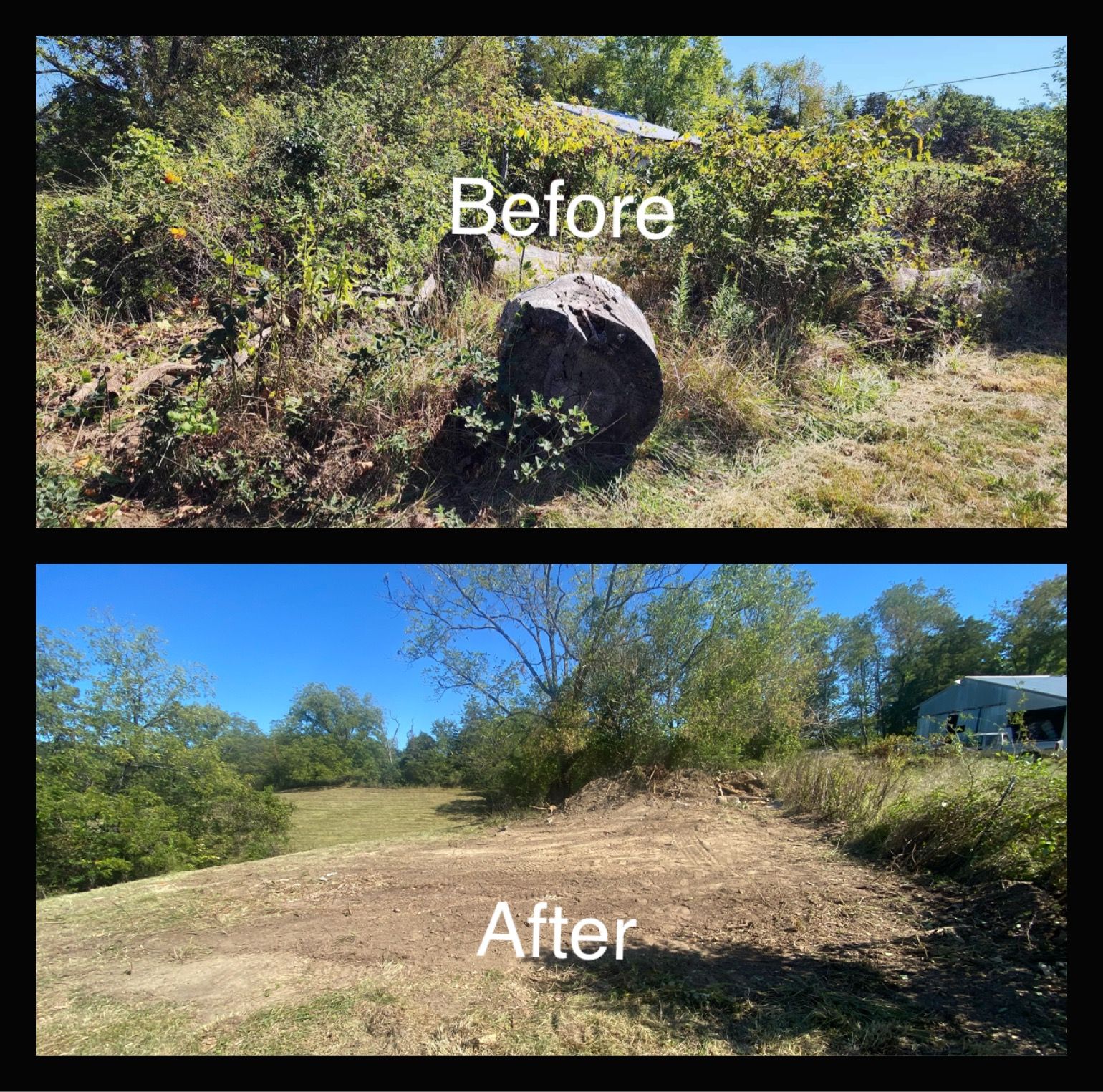 Before and after images showing a field clearing. Top: overgrown with brush, large rock. Bottom: field cleared, blue sky.