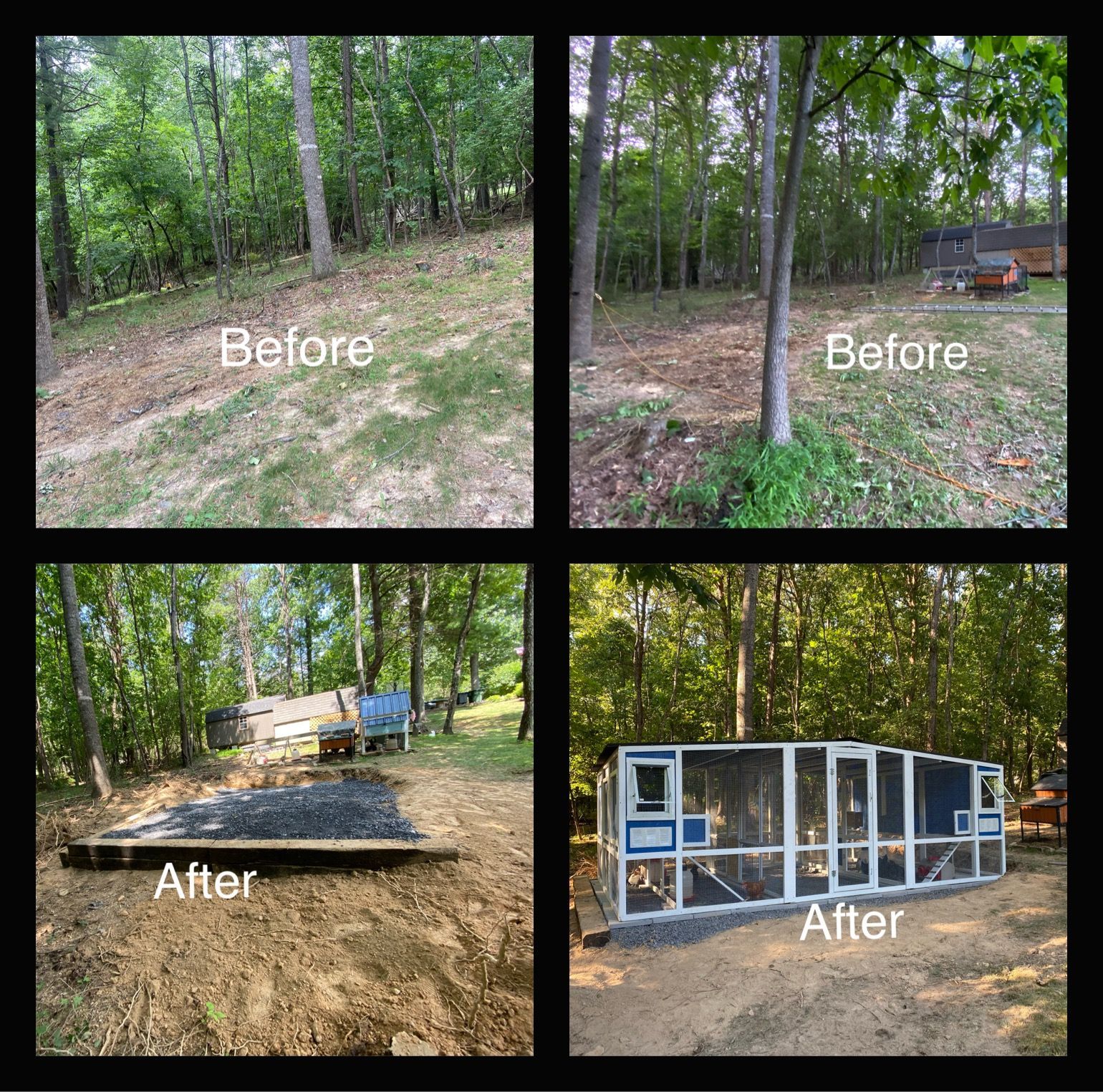 Four-panel comparison showing a clearing in a wooded area before and after construction of an outdoor enclosure.