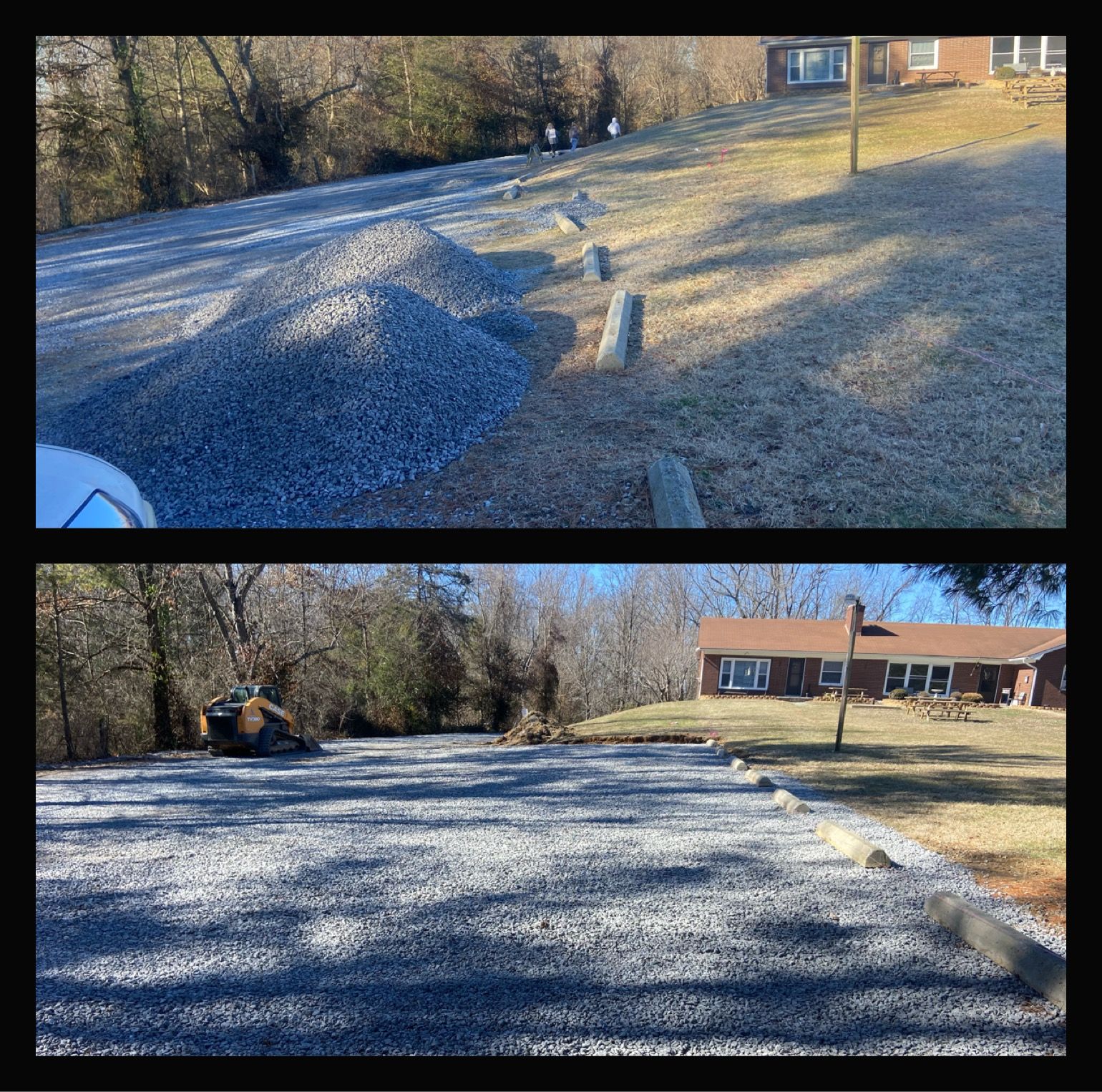 Before and after images of a gravel driveway. Top: gravel pile on grassy area. Bottom: driveway after gravel spread.