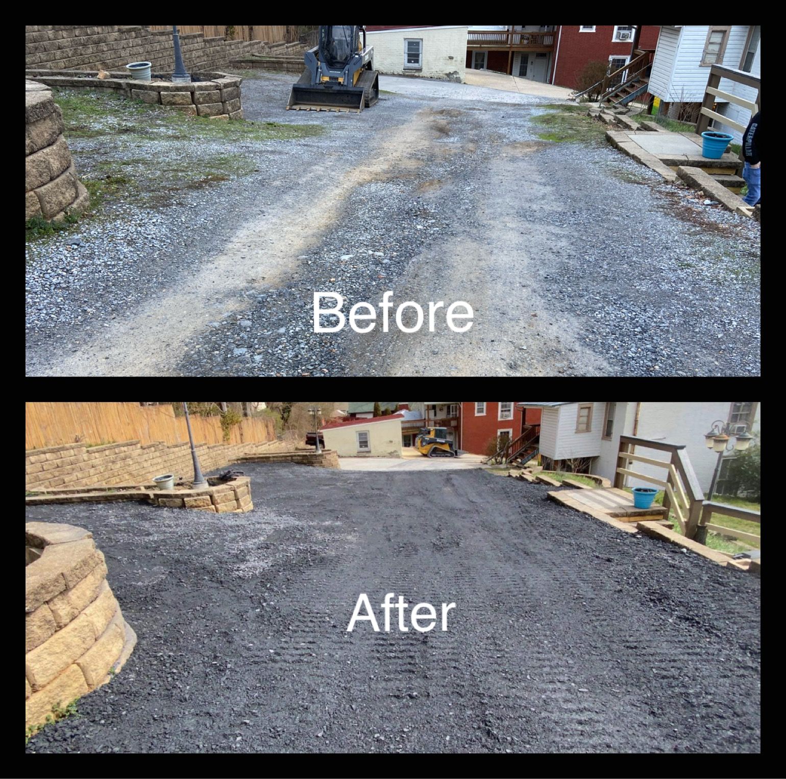 Before and after views of a driveway. Before is gravel, after is paved, in front of buildings.