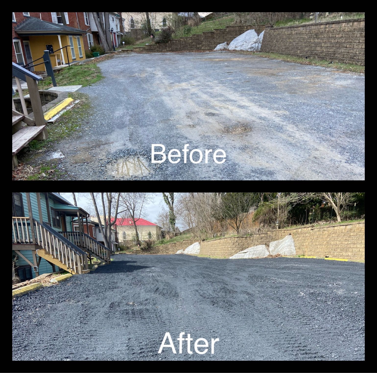 Before and after of a gravel parking lot. Top: gray gravel. Bottom: resurfaced with dark asphalt.
