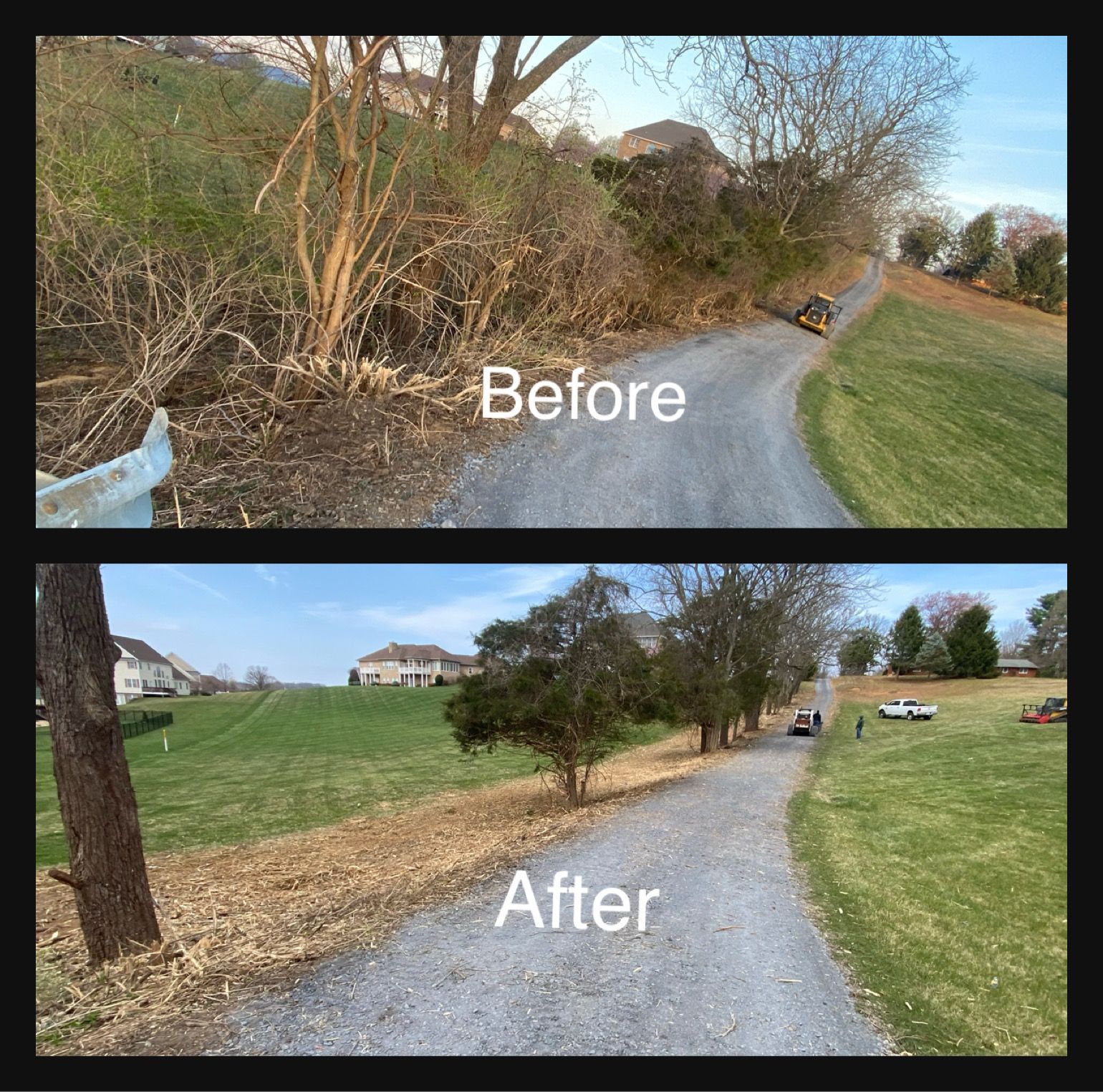 Before and after comparison of a gravel road cleared of overgrown brush.