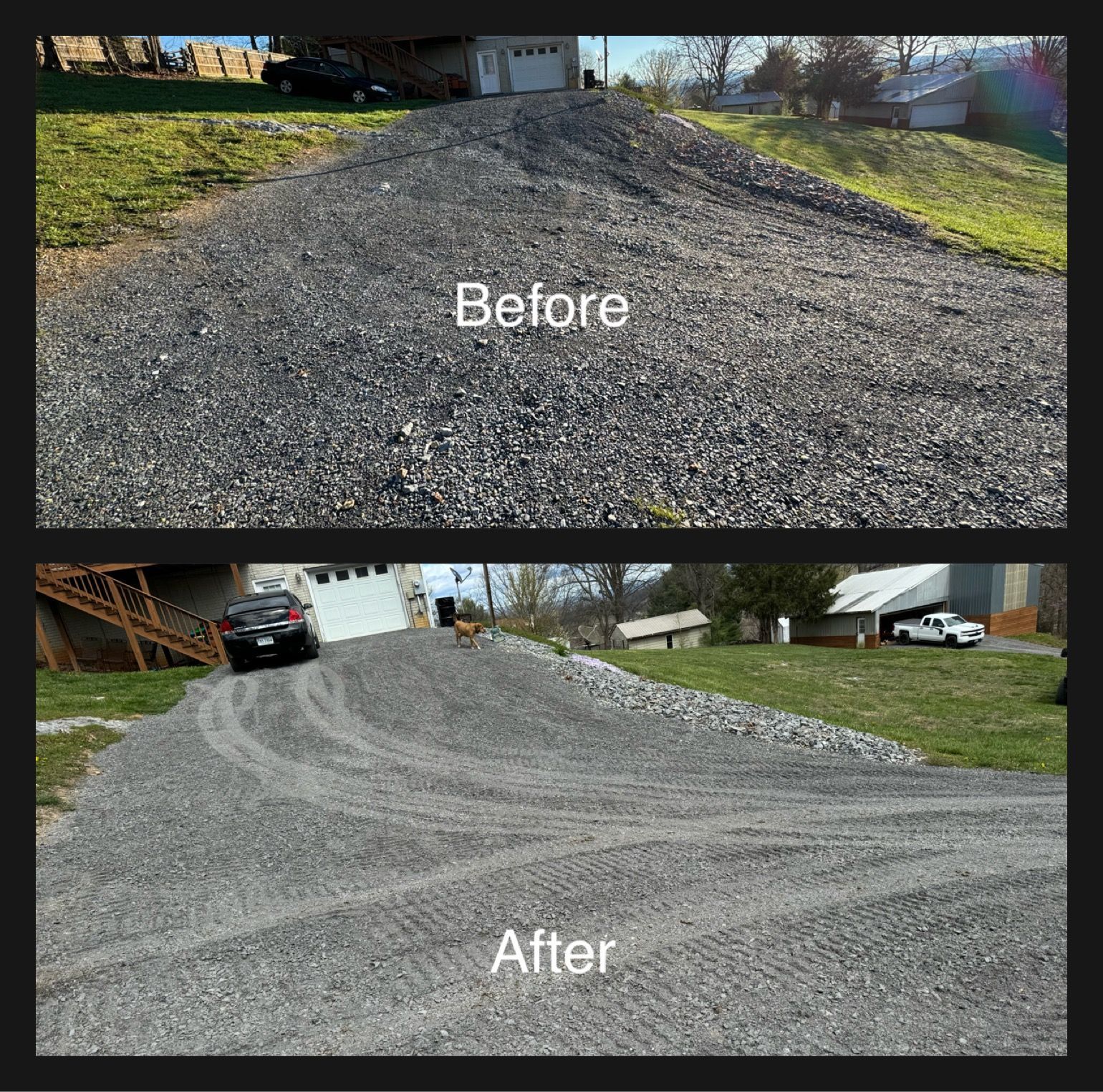 Before-and-after of a gravel driveway. The 