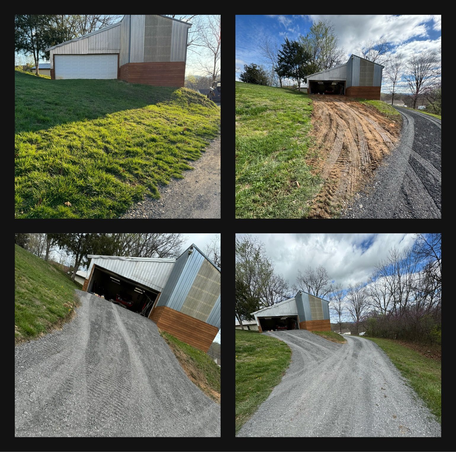 Four photos: barn on a hill with a gravel driveway. The grass is lush in the first photo, eroded in the second. The barn tilts in the third.