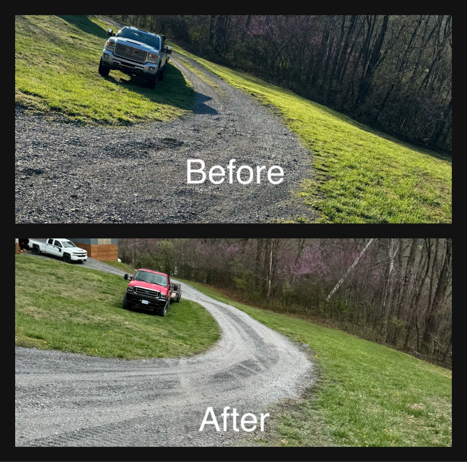 Before and after photos of a gravel driveway winding uphill. Shows a truck in both images, with a significant difference in the gravel's distribution.