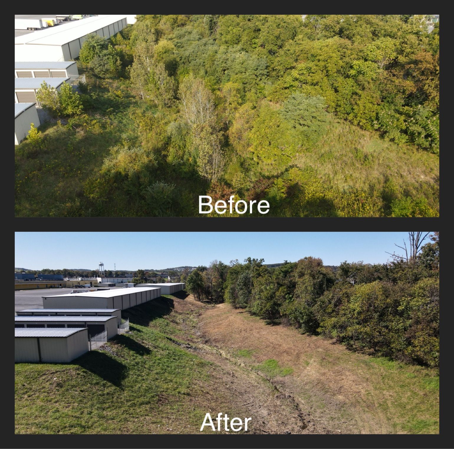 Before and after aerial view showing vegetation removal alongside a building; trees and grass replaced by dirt.