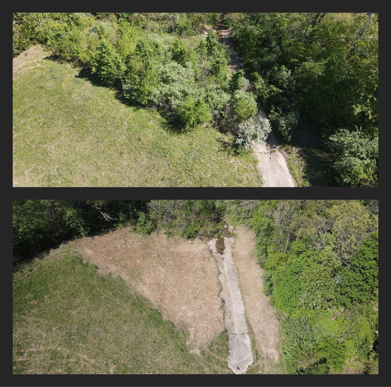Two aerial views: a grassy area, a concrete path, and bordering trees.