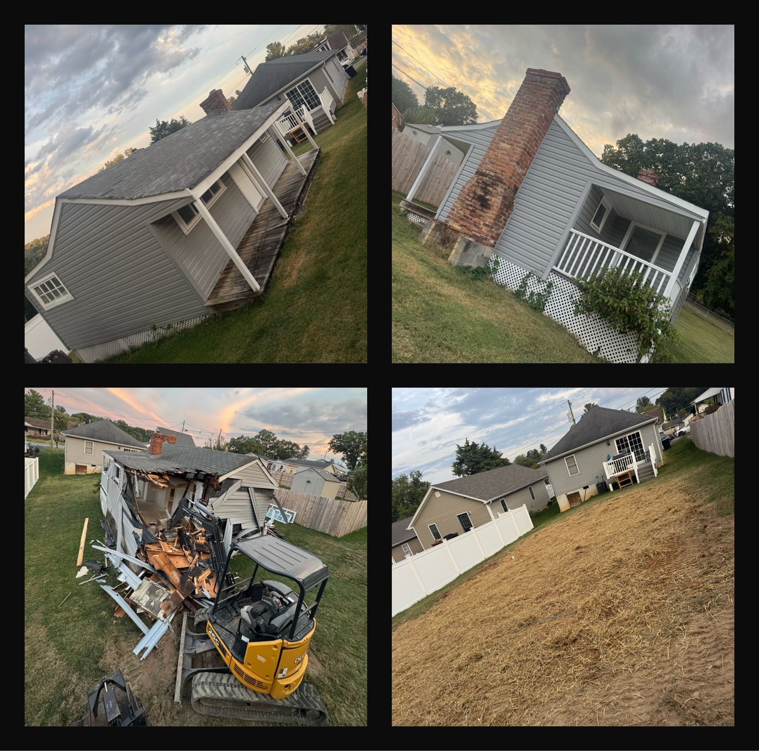 Four photos of a gray house and construction. One shows an excavator, others show the building.