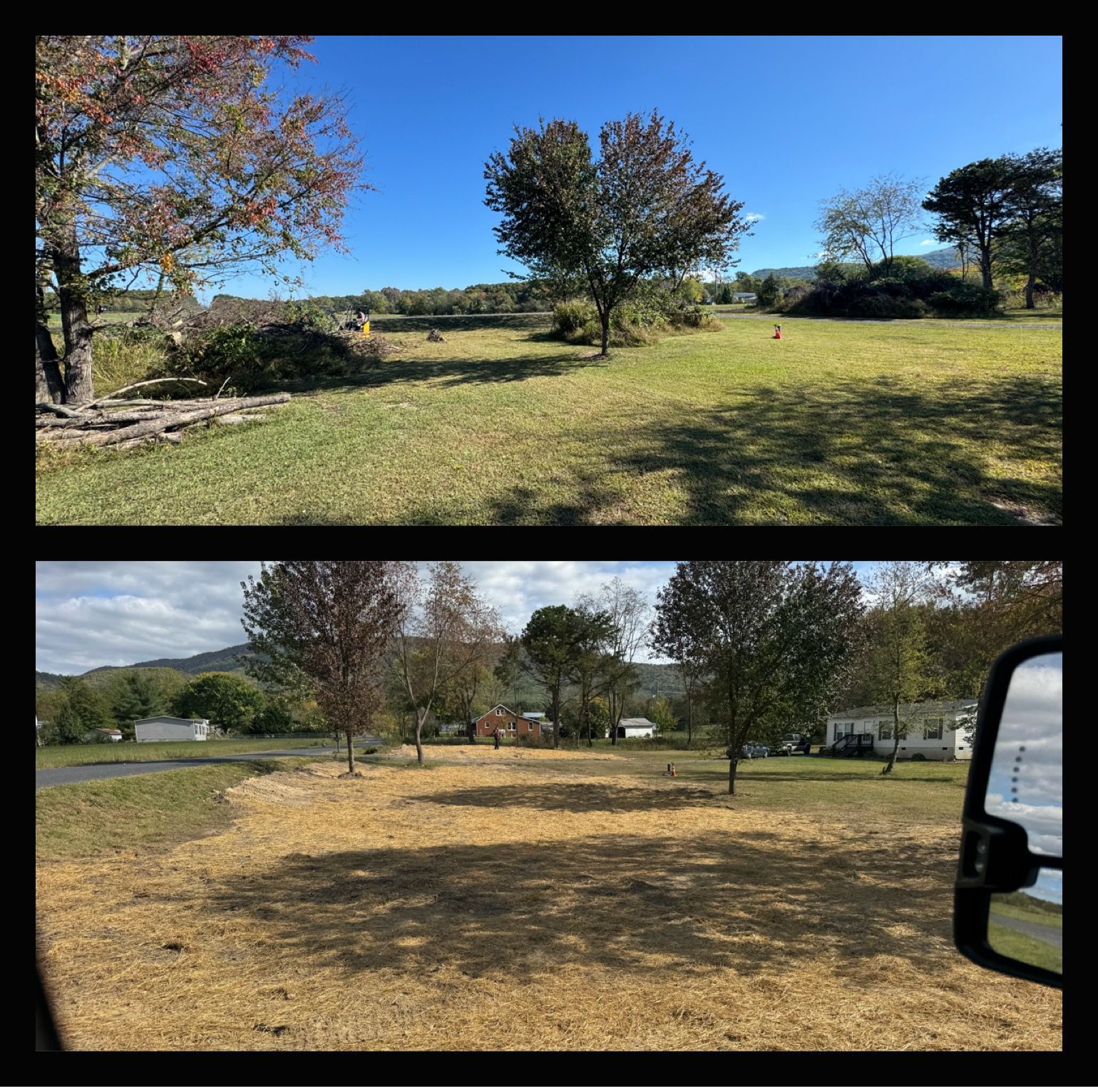Two views of a field, one with grass, one with light brown covering, with trees and a blue sky in the background.