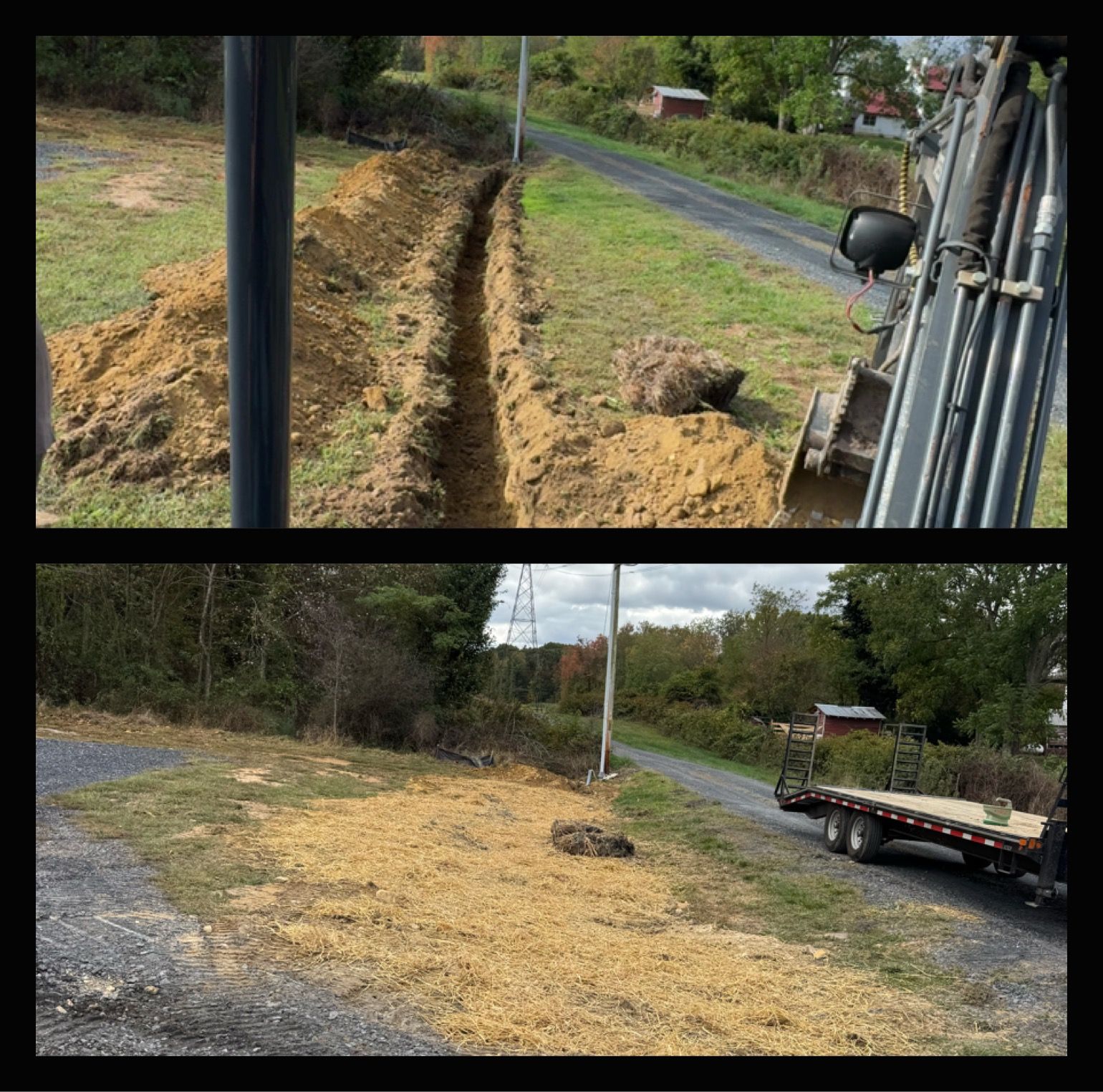 Top: Trench being dug for underground utilities. Bottom: Completed trench, gravel, and trailer.