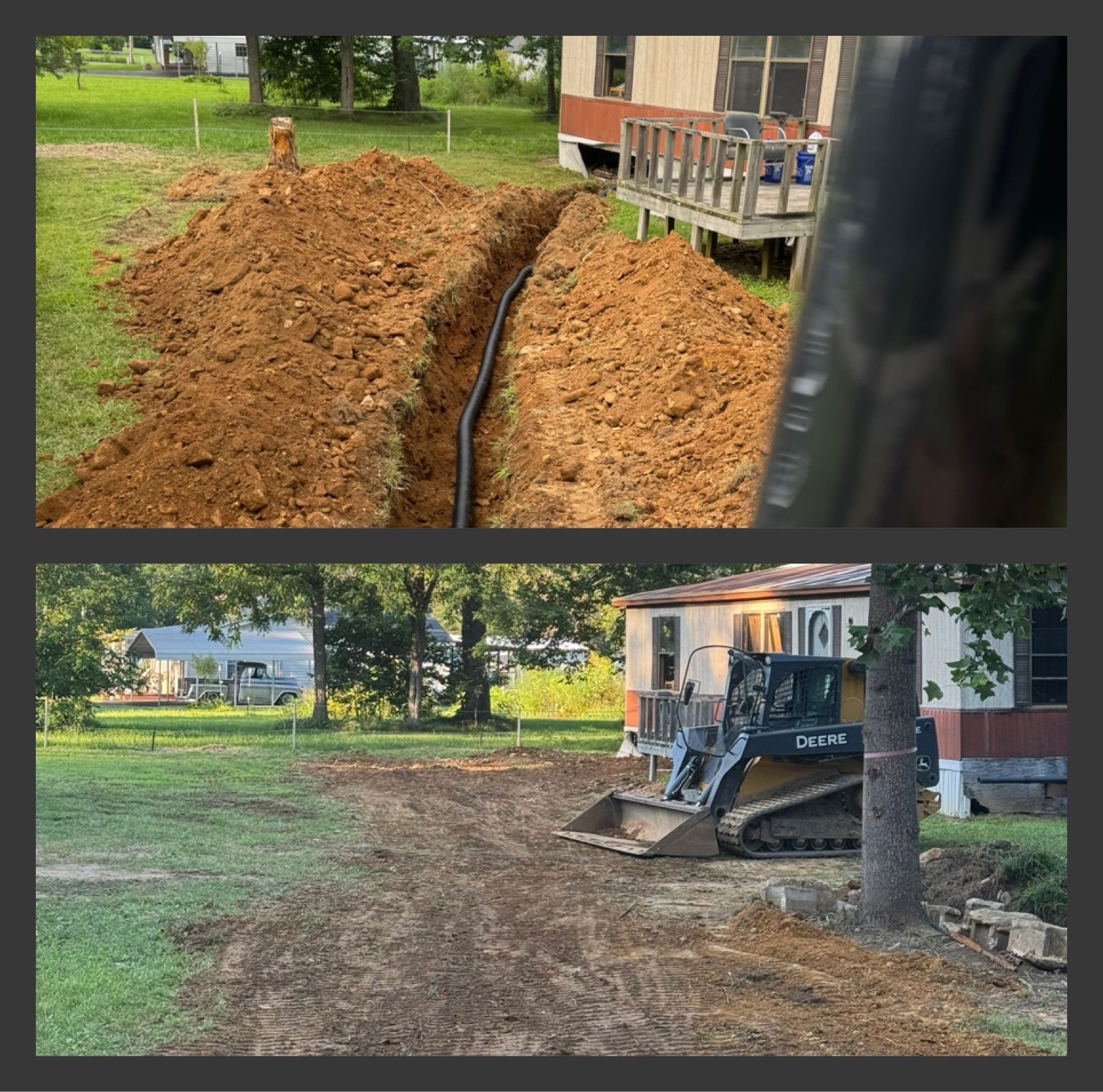 Top: Trench with pipe, dirt pile near mobile home.
Bottom: Skid steer tractor on cleared land.