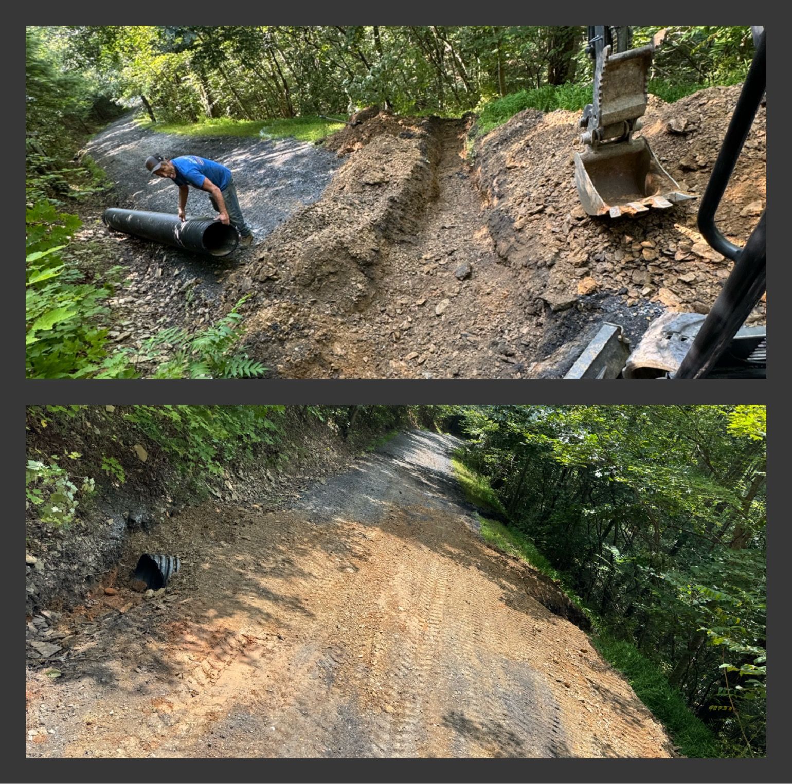 Construction site with an excavator and a person handling a large pipe, clearing a hillside path.