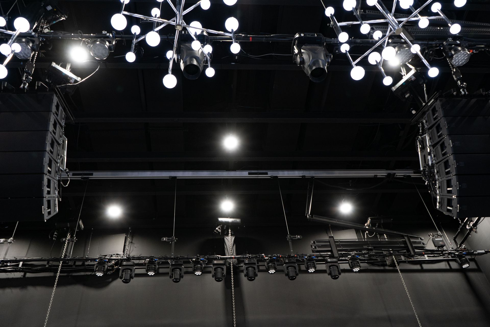 A stage with a lot of lights hanging from the ceiling