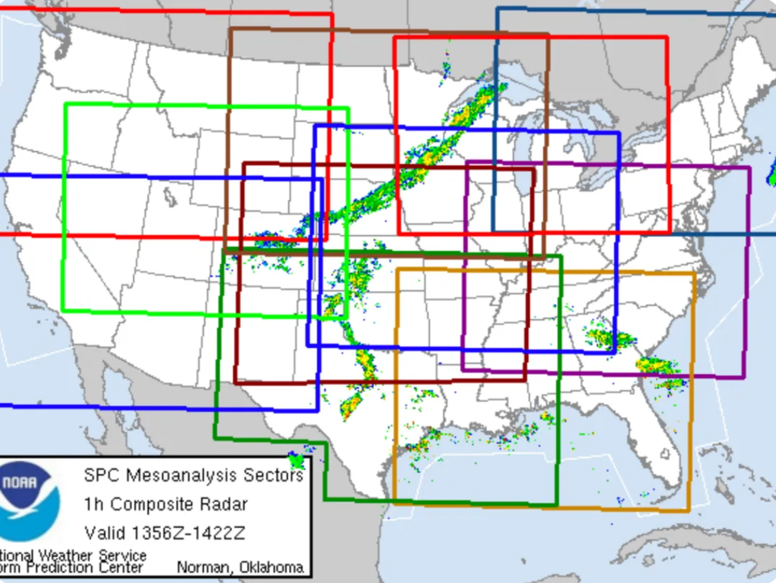 A map of the united states showing the spc mesoanalysis sectors