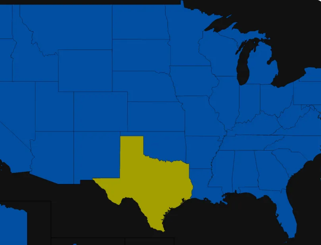 A map of the united states with texas highlighted in yellow