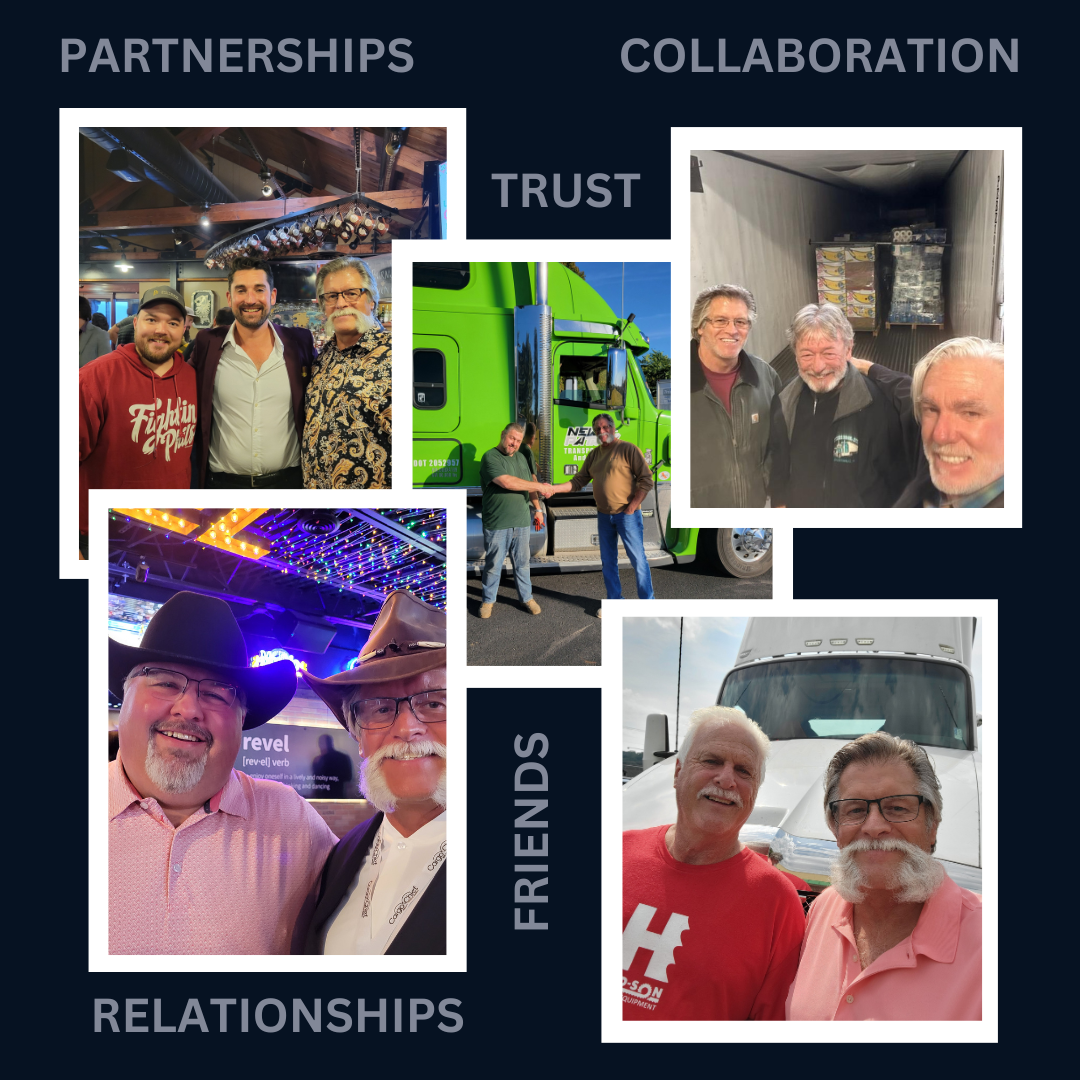 A collage of photos of men with the words partnerships , collaboration , trust , friends , and relationships.