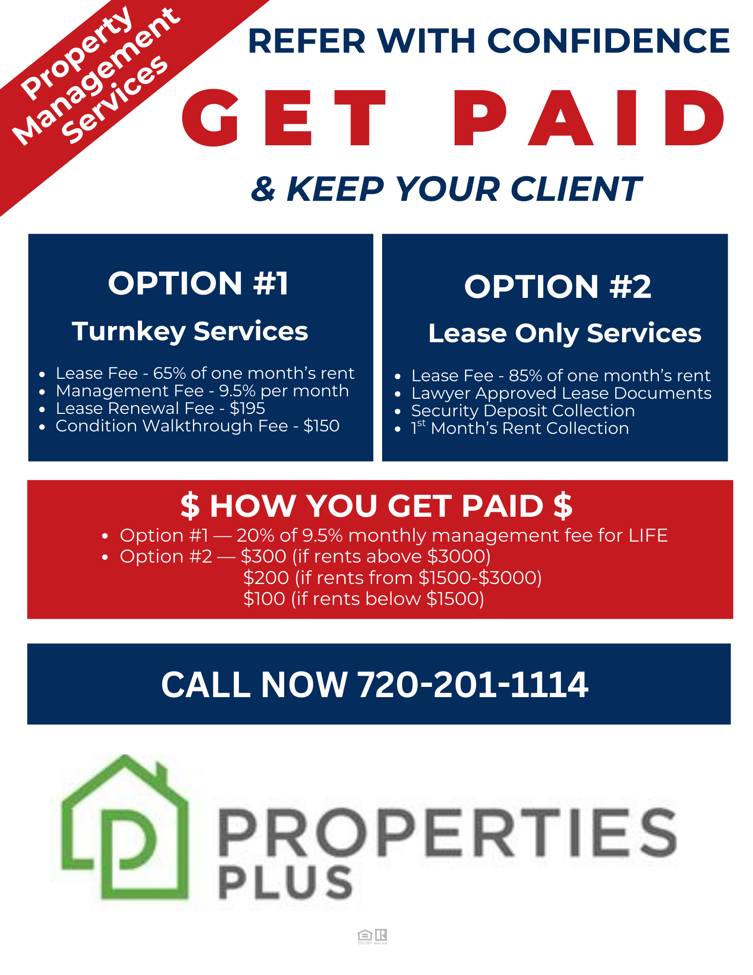 A flyer for properties plus that says get paid and keep your client