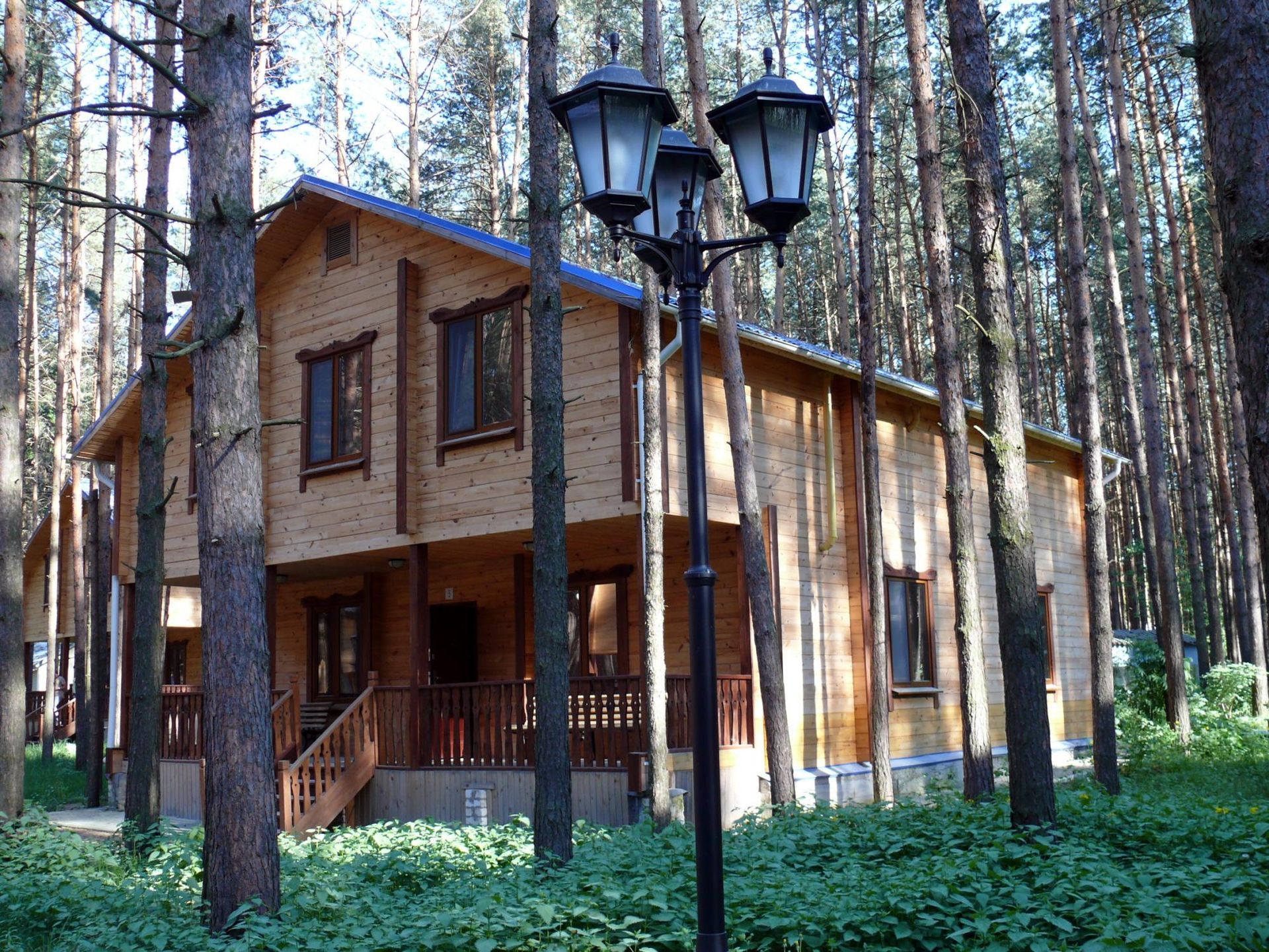 a house in the woods with a lamp post in front of it