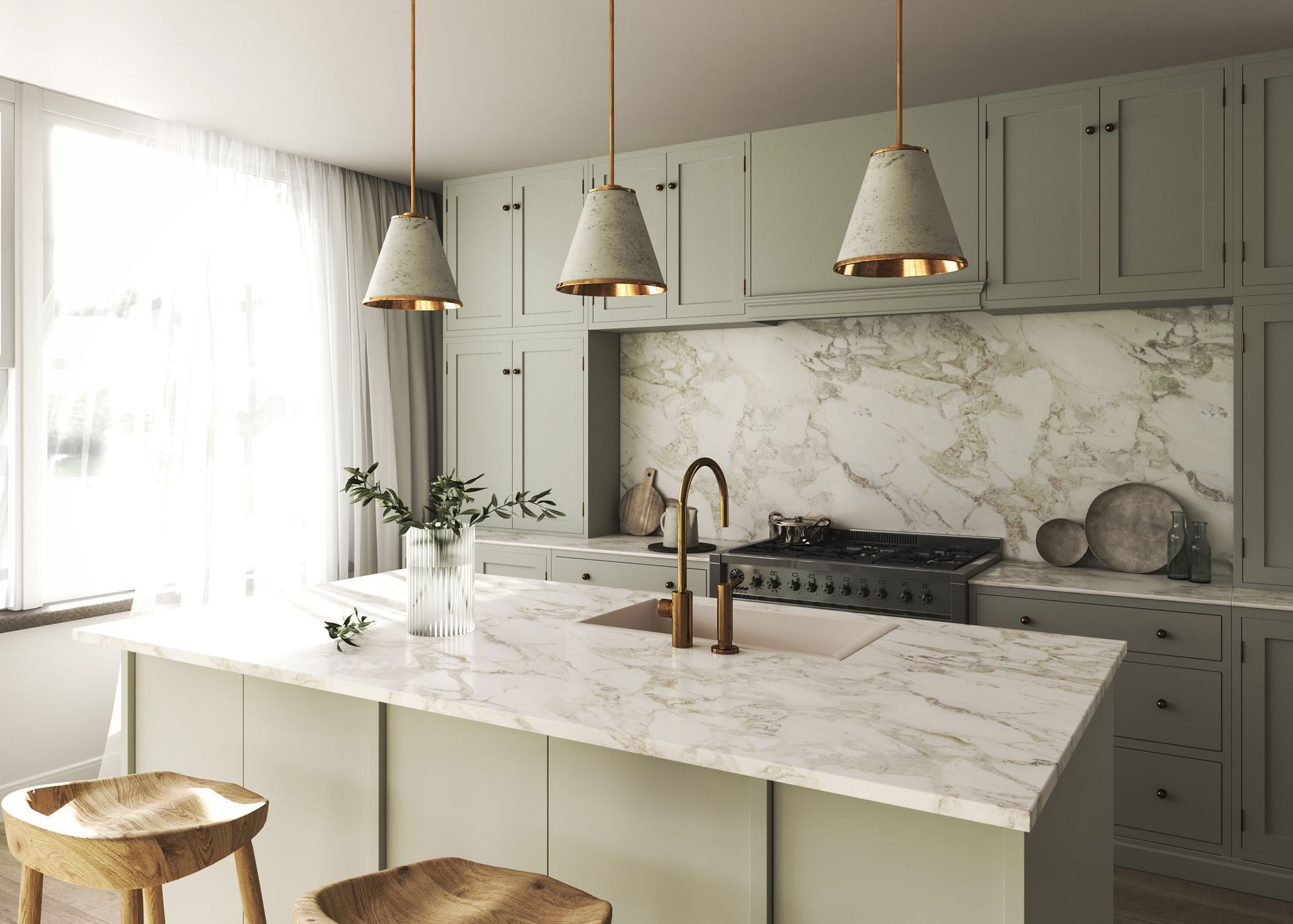A kitchen with a large island, a sink, and a stove.