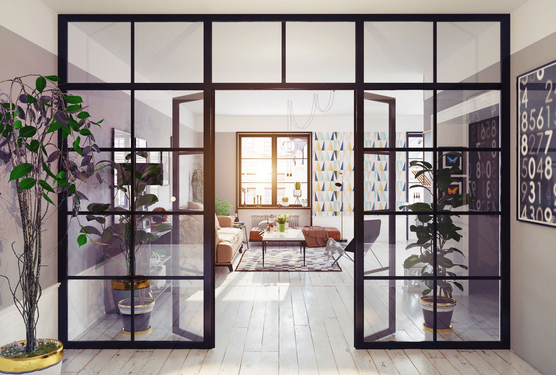 A living room with a sliding glass door between the living room and dining room.