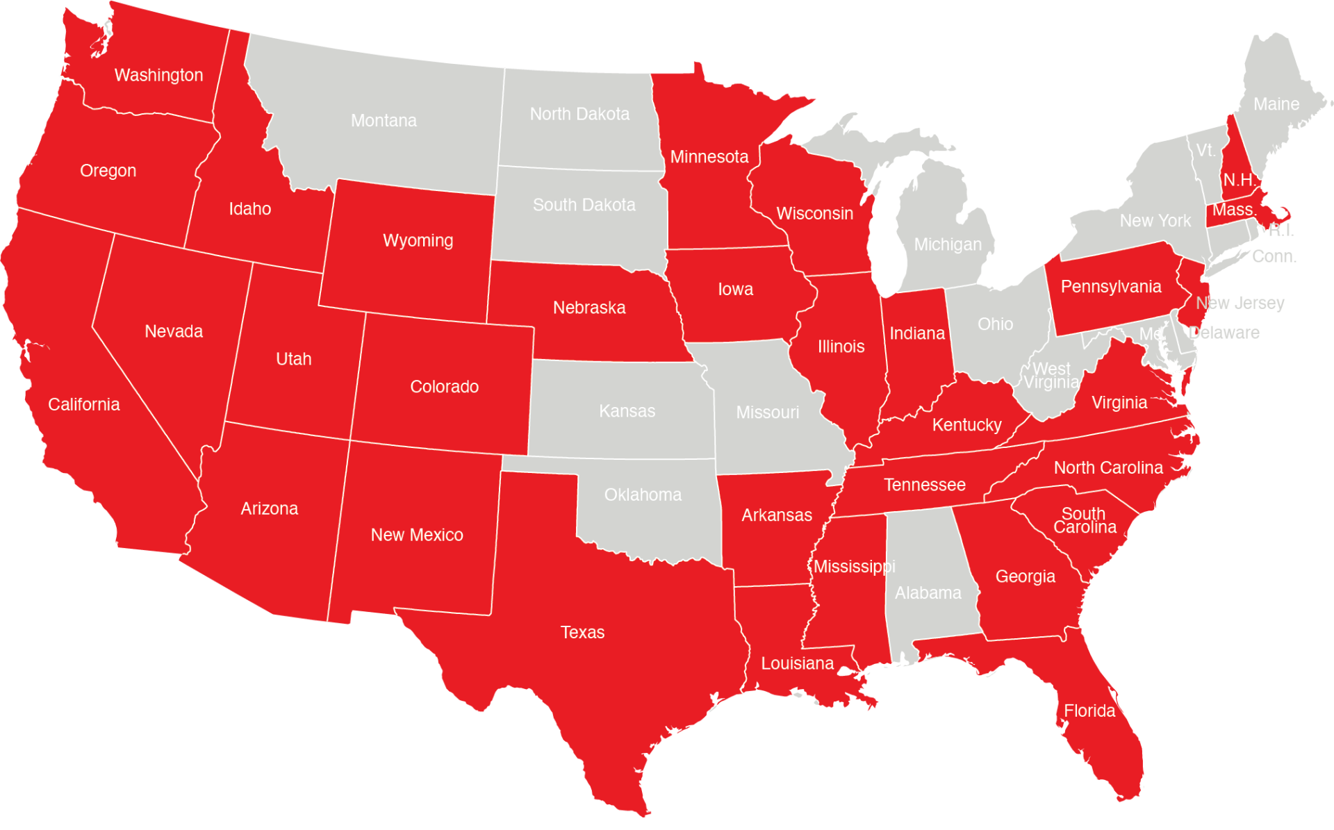 A red and white map of the united states
