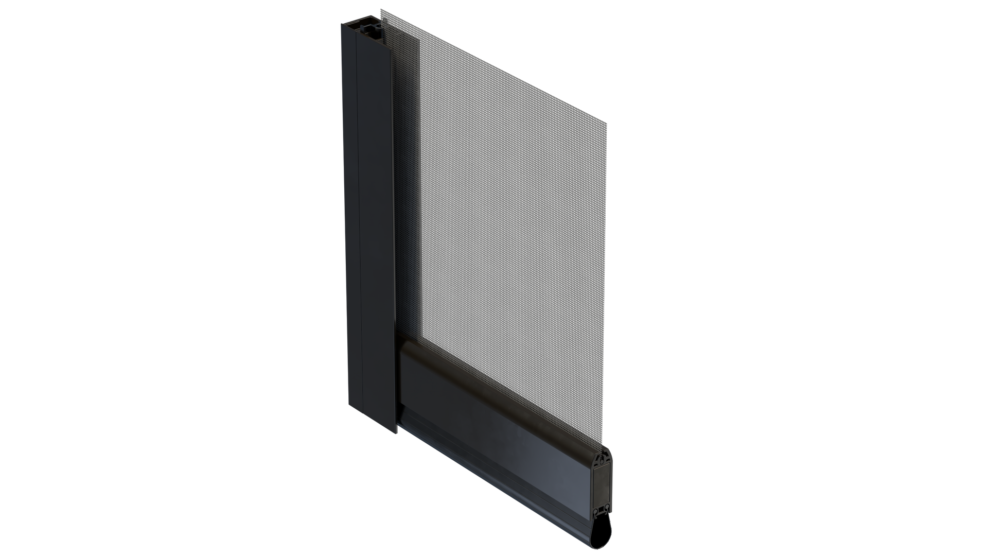 A close up of a screen door with a black frame on a white background.