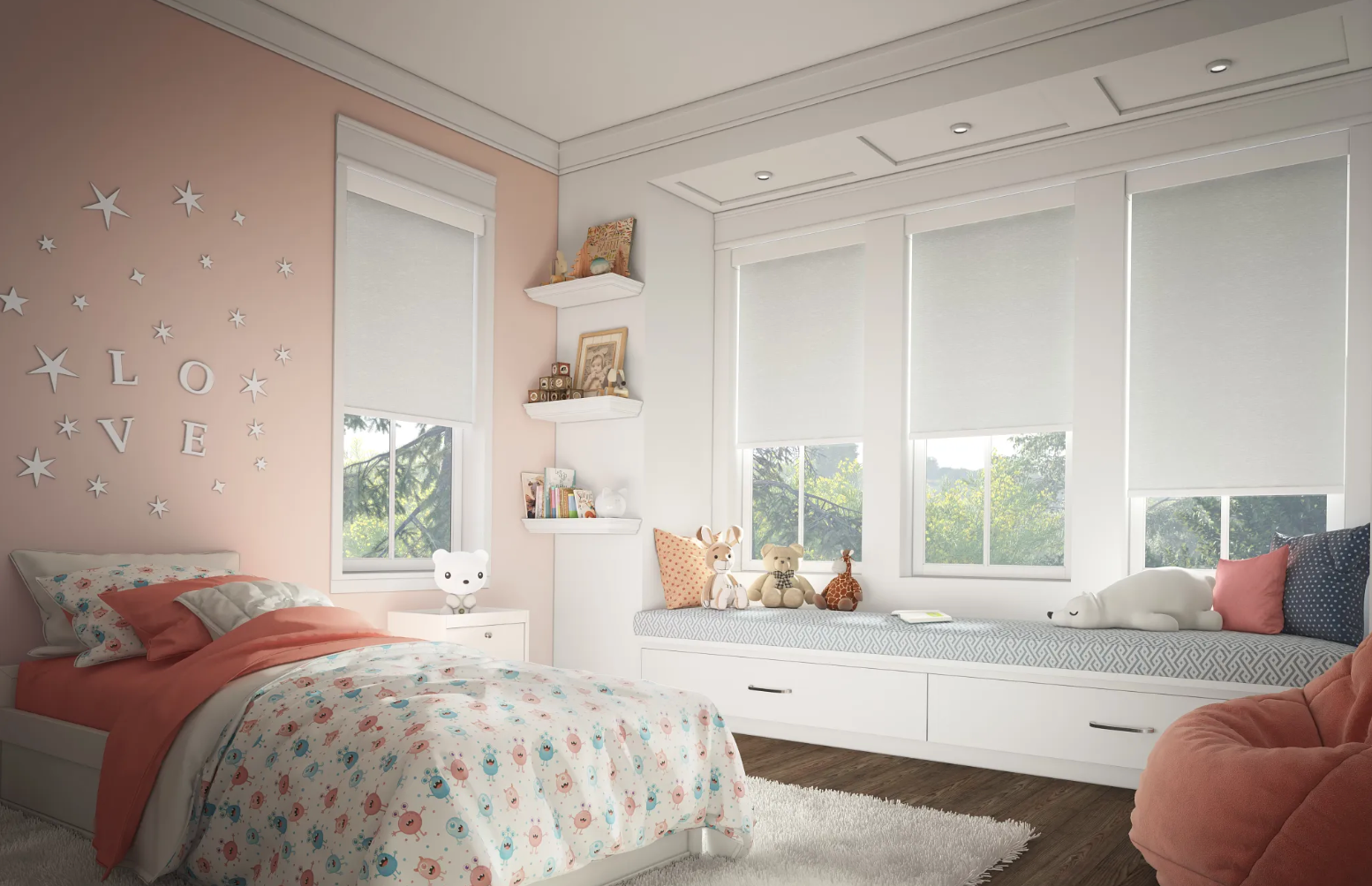 A girl 's bedroom with a bed , window seat , and bean bag chairs.