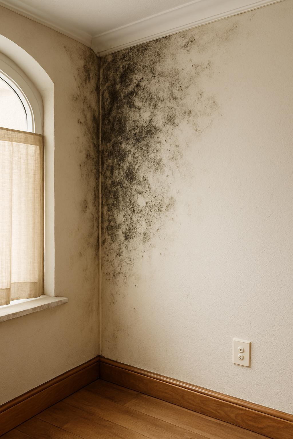 Mold growth on a white interior wall near a window with a beige curtain and brown wooden trim.