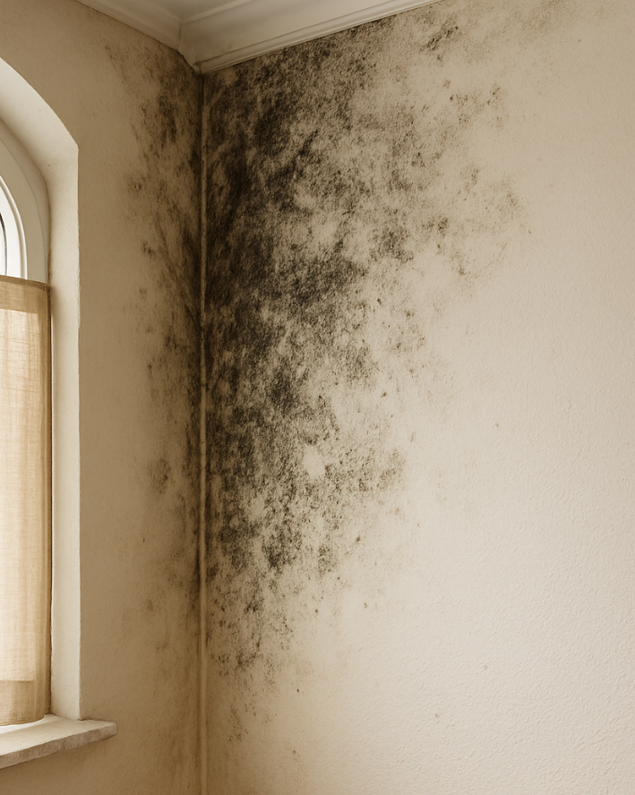 Mold growth on a white interior wall, near a window with tan curtains and wooden flooring.