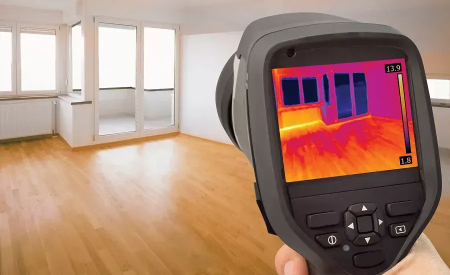 point of view photo of the FLIR handheld Thermal imaging device with the interior of the house 