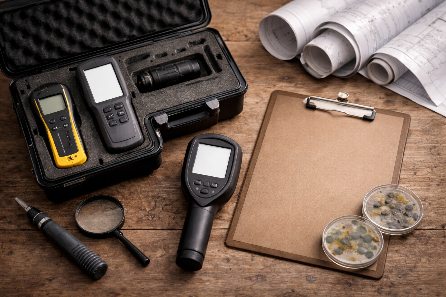 Professional testing equipment, including handheld meters, a magnifying glass, petri dishes, and blueprints on a desk.