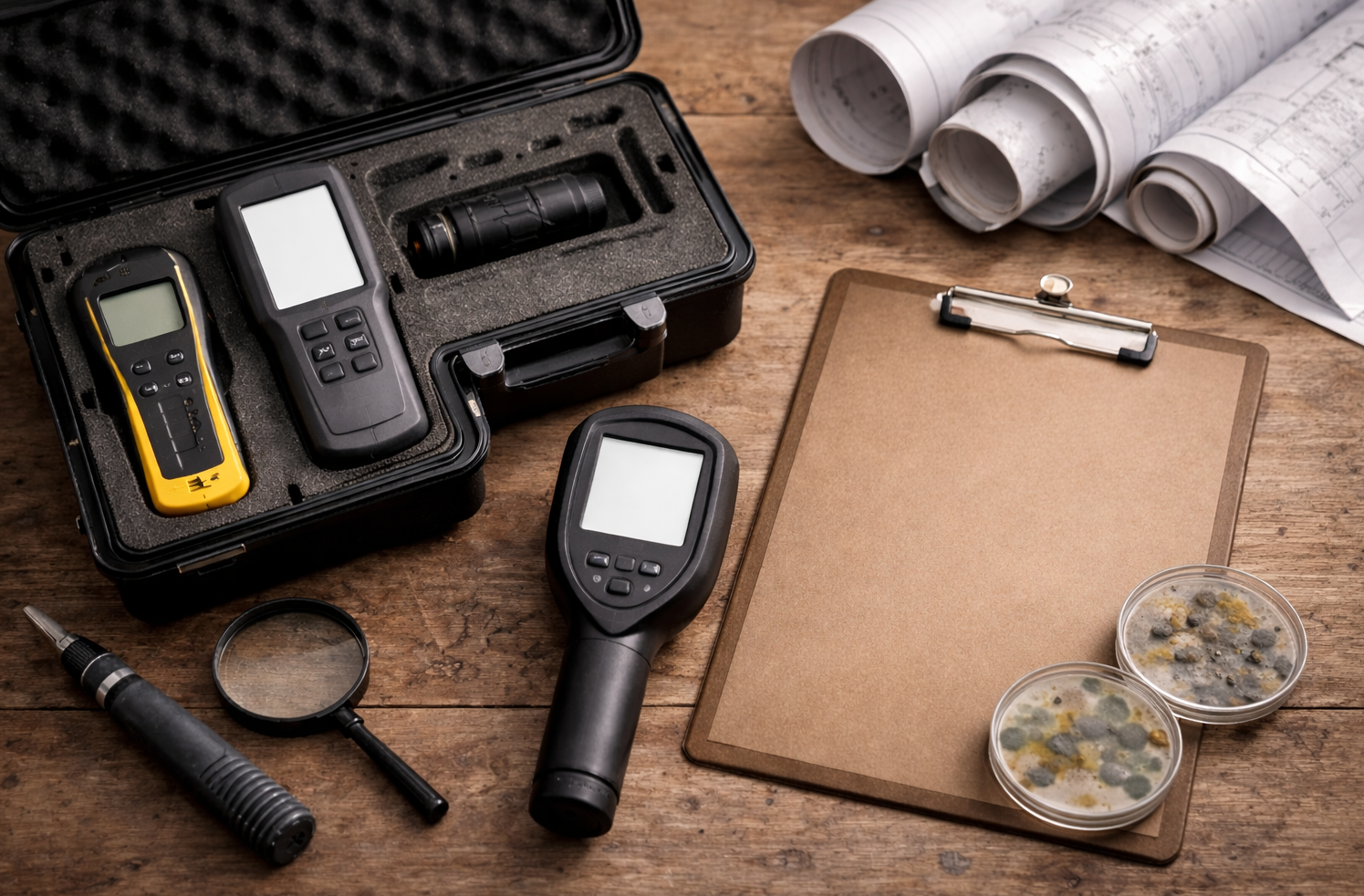 Scientific testing equipment, including handheld digital meters, a magnifying glass, and petri dishes on a wooden table.