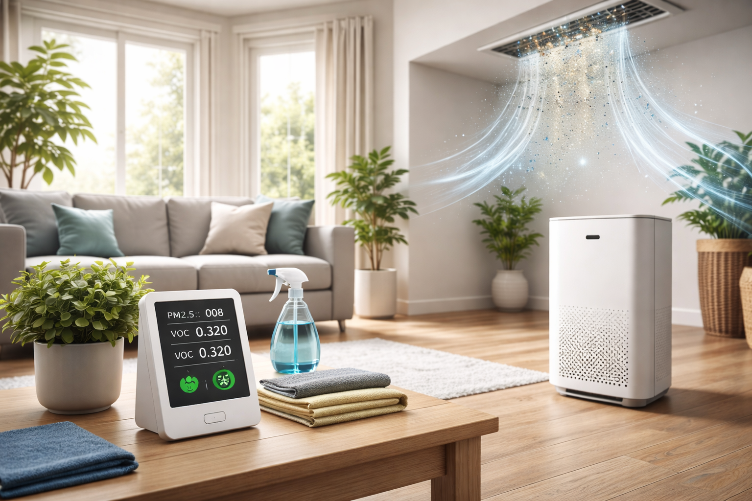 Living room scene: air purifier and monitor on table, plants, sofa, windows, ceiling air vent showing particles.