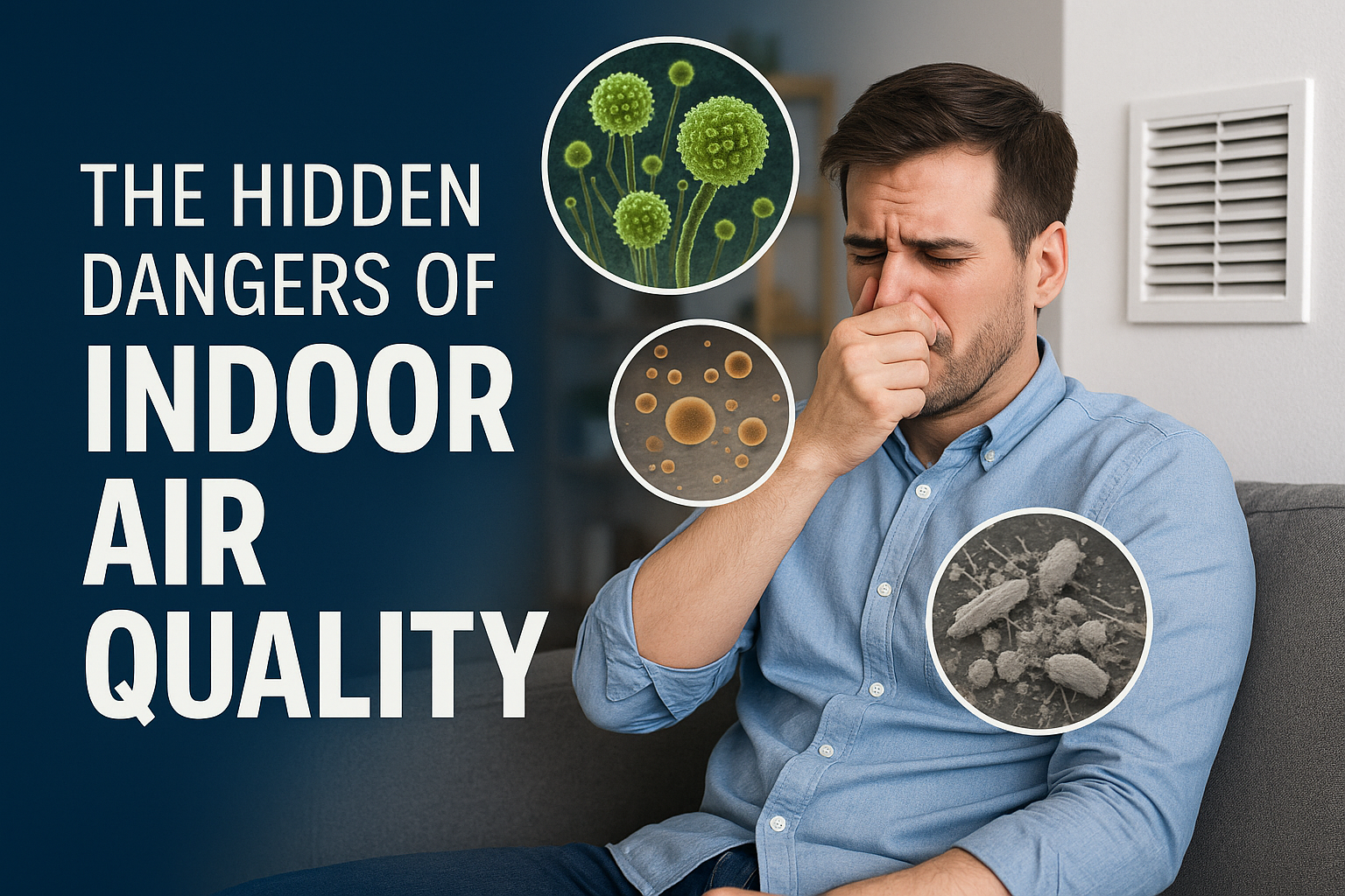 Man covering his nose, concerned expression, near vent, with floating images of microbes. Text: Hidden dangers of indoor air quality.