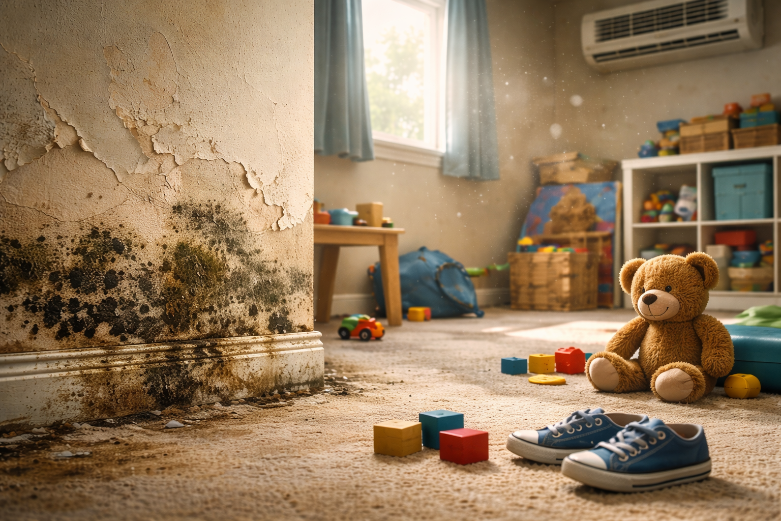 Child's room with mold damage on the wall. Toys and teddy bear scattered on the floor, window in background.