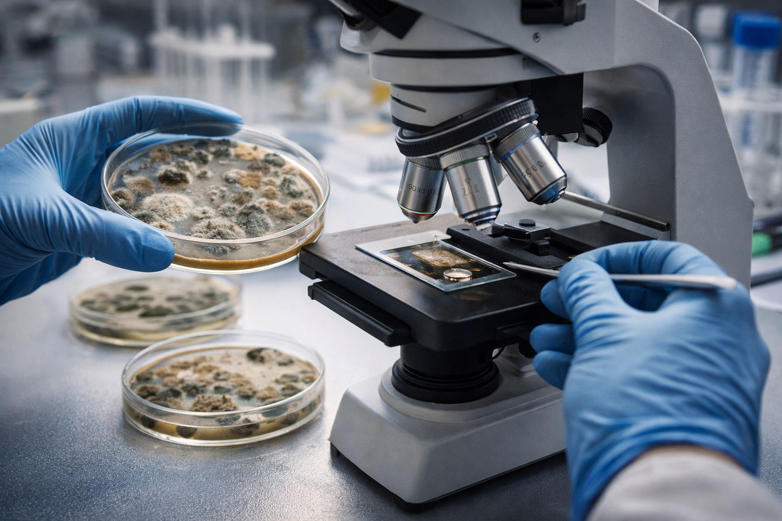 Hands in blue gloves examining petri dishes of mold under a microscope in a lab.