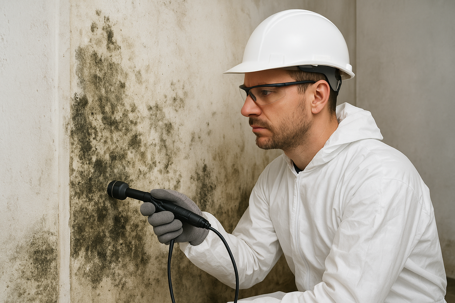 Mold inspector in white protective suit and hard hat examines mold on a wall with a device.