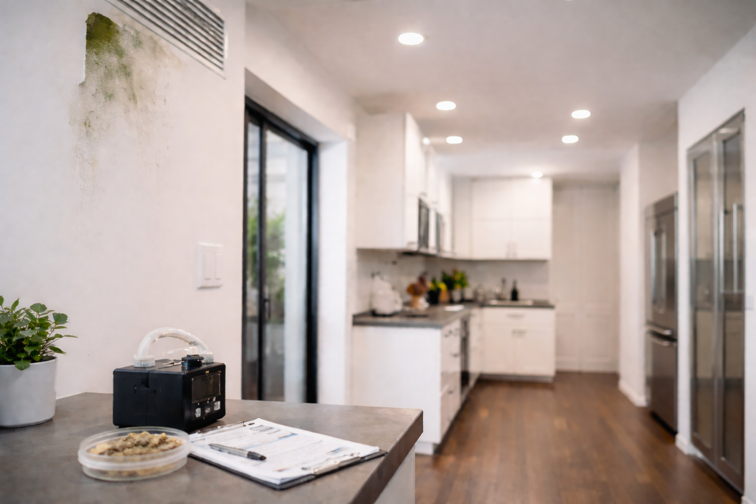 A black air quality monitor and a petri dish sit on a counter in front of a white kitchen with a mold patch on the wall.