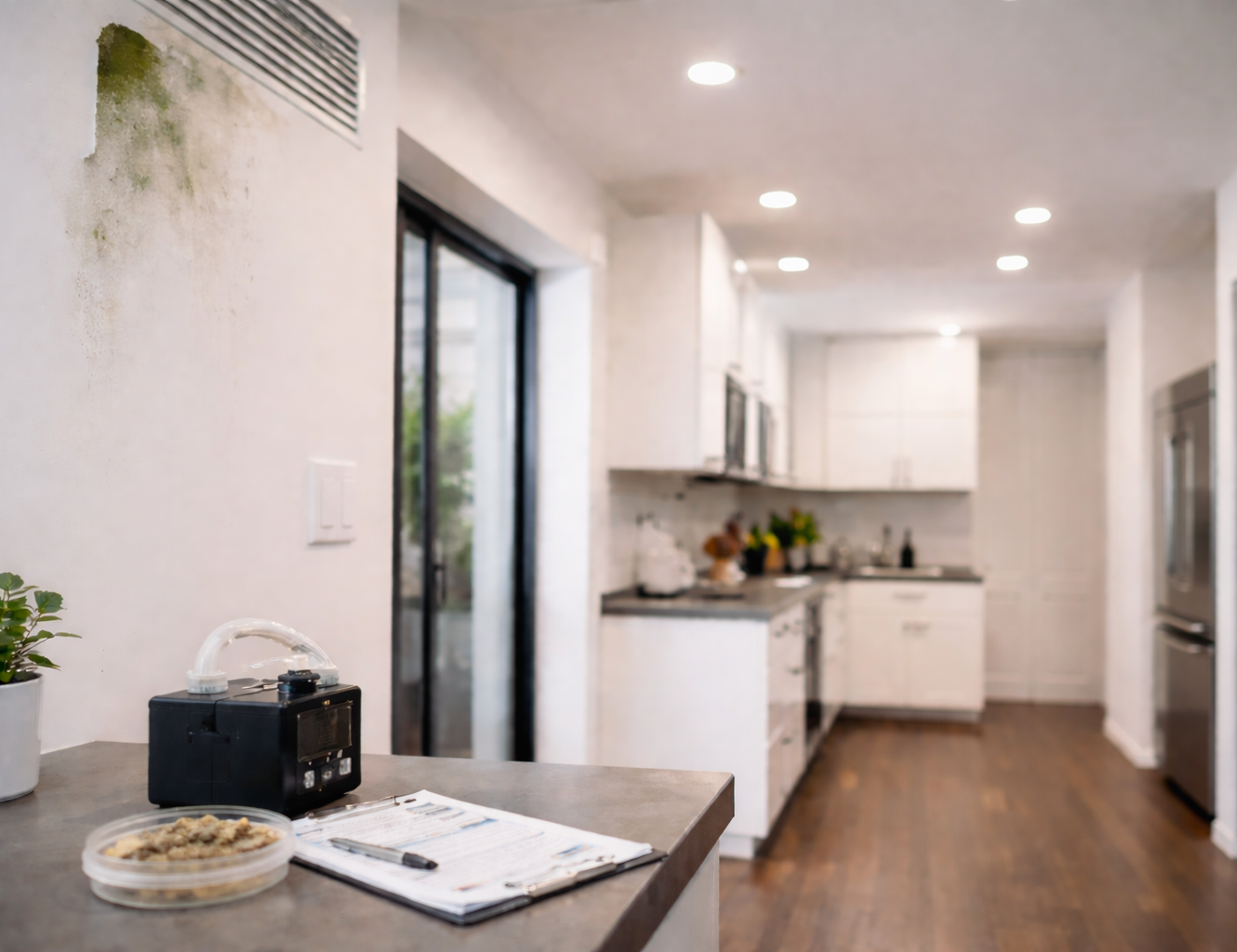 An indoor air quality test setup with a sampling device and petri dish on a counter, with a modern kitchen in the back.