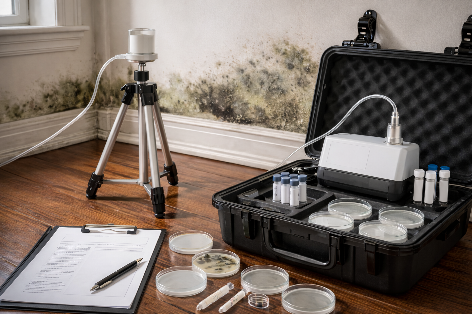 Mold inspection equipment set up near a wall with mold, next to a clipboard.