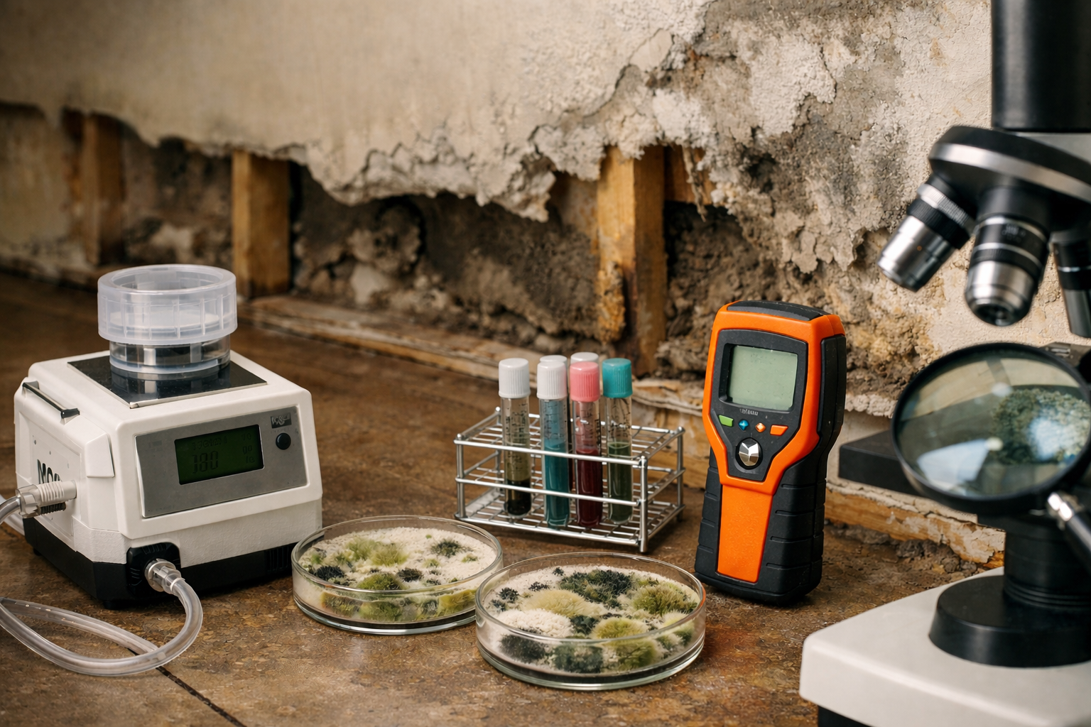 Mold testing equipment, petri dishes, and a microscope set up against a damaged wall showing signs of mold growth.