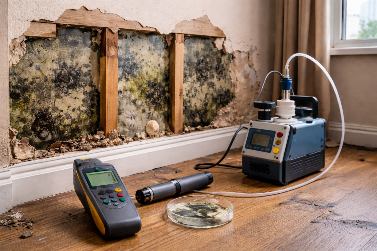 Wall with mold damage being tested with equipment, including a meter and air sampler.