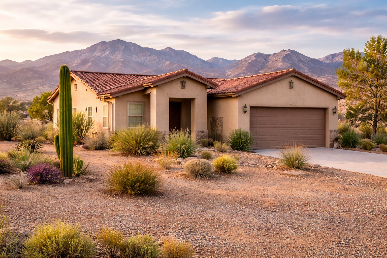 Tan house with red tile roof and desert landscaping against a mountain backdrop.