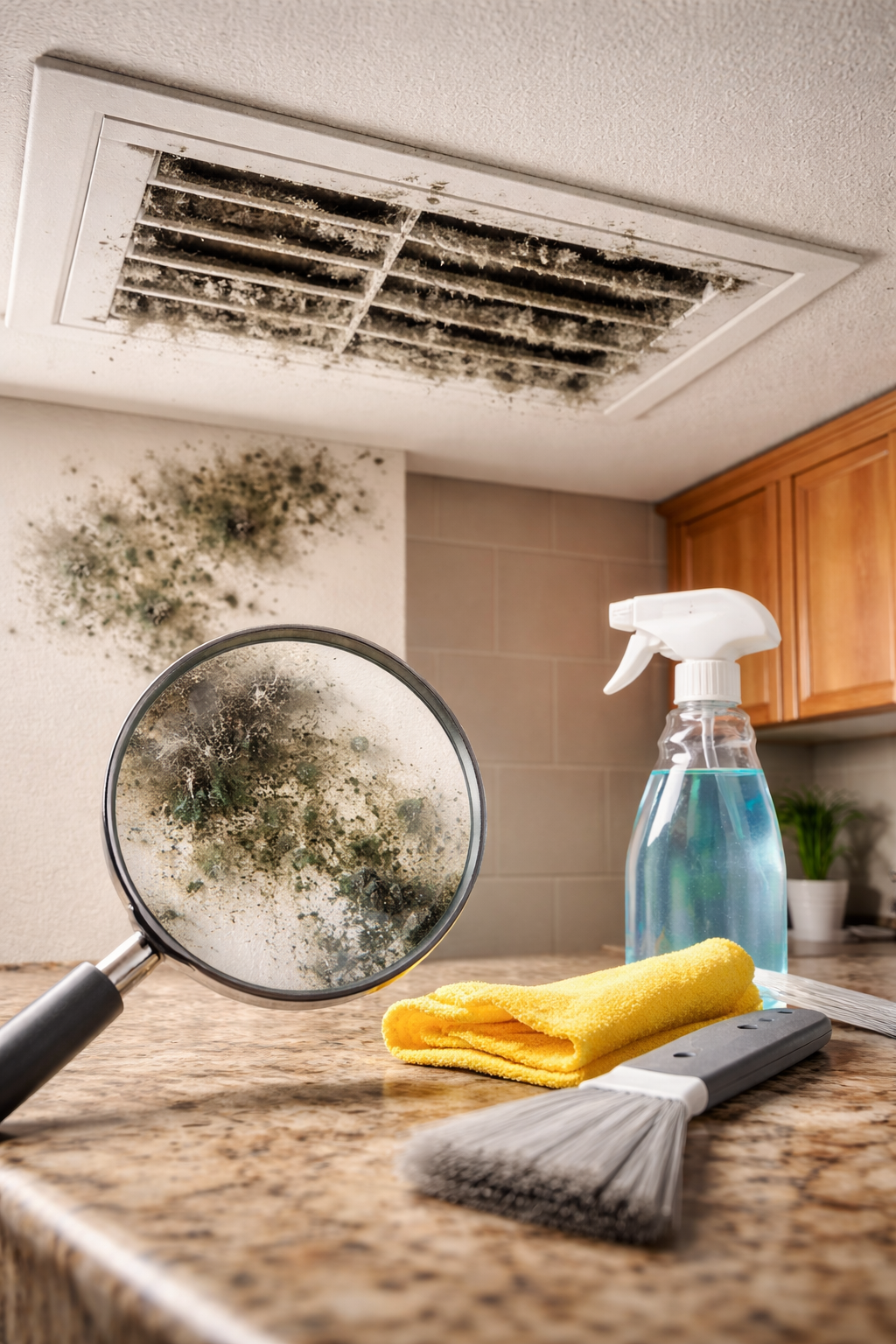 Mold-covered vent and wall in a kitchen, magnified by a lens. Cleaning supplies on counter.