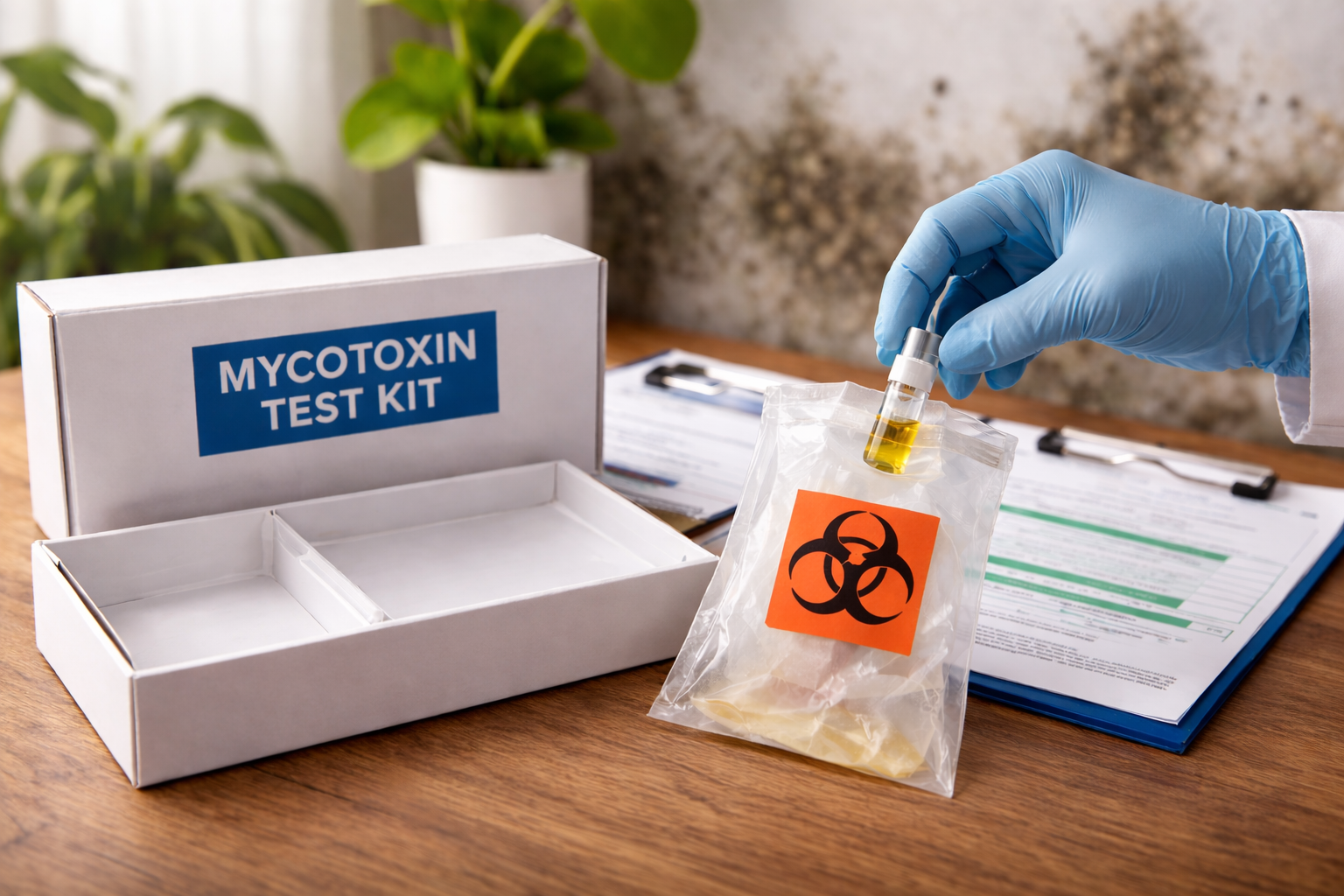 Gloved hand holding vial in a biohazard bag, with a 