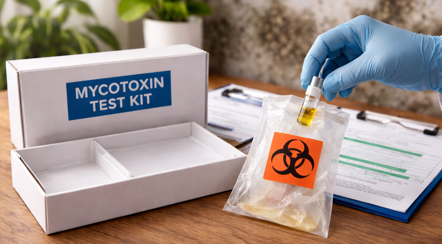 Person in blue glove holds mycotoxin test sample near moldy wall and a test kit.