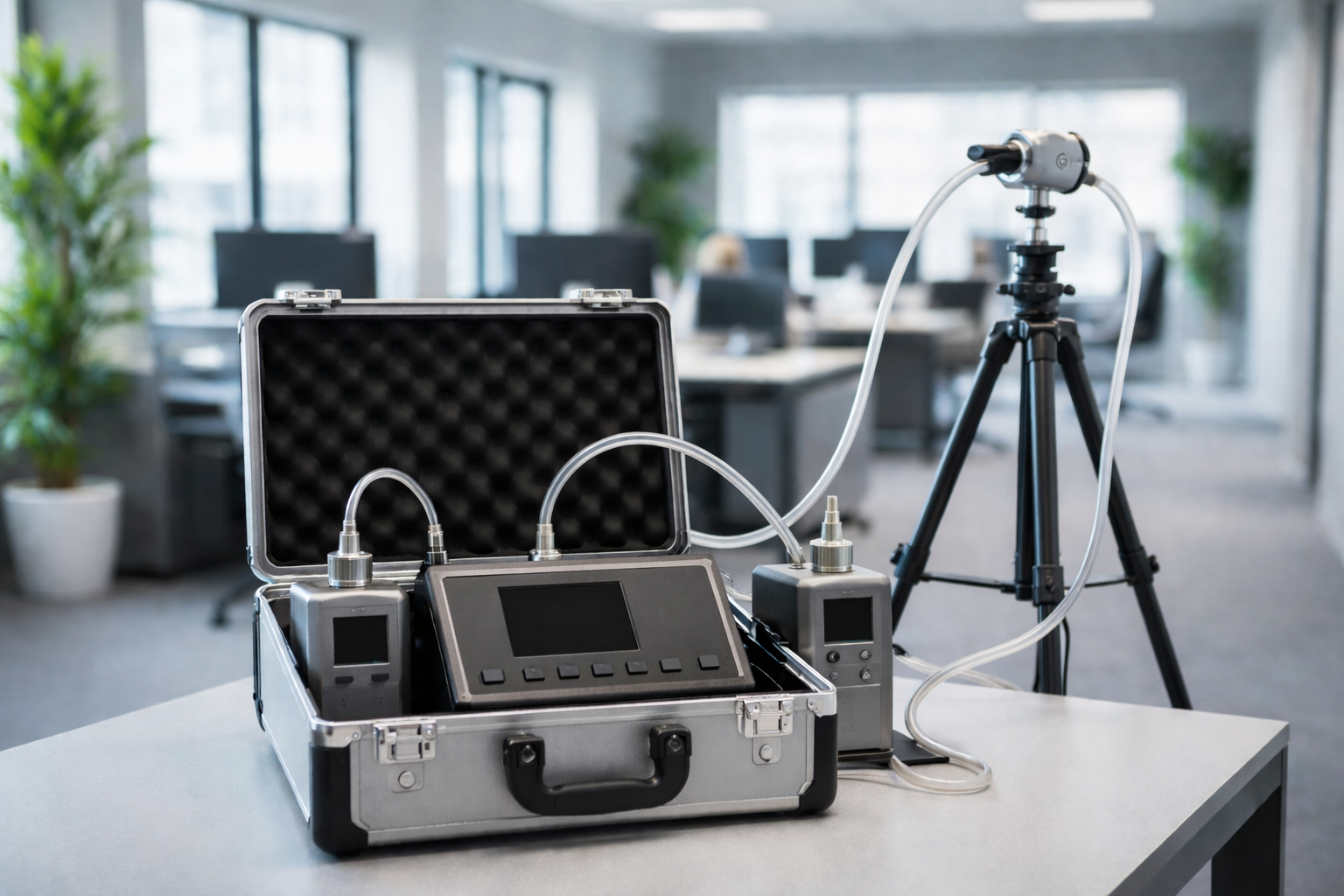 Silver air quality testing equipment in an office setting, set up on a table.