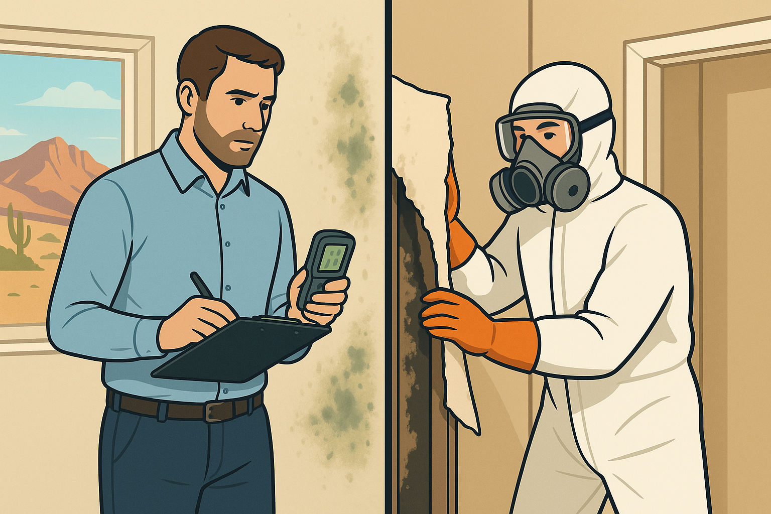 Illustration of a split screen featuring a mold inspector on the left and mold remediator opposite